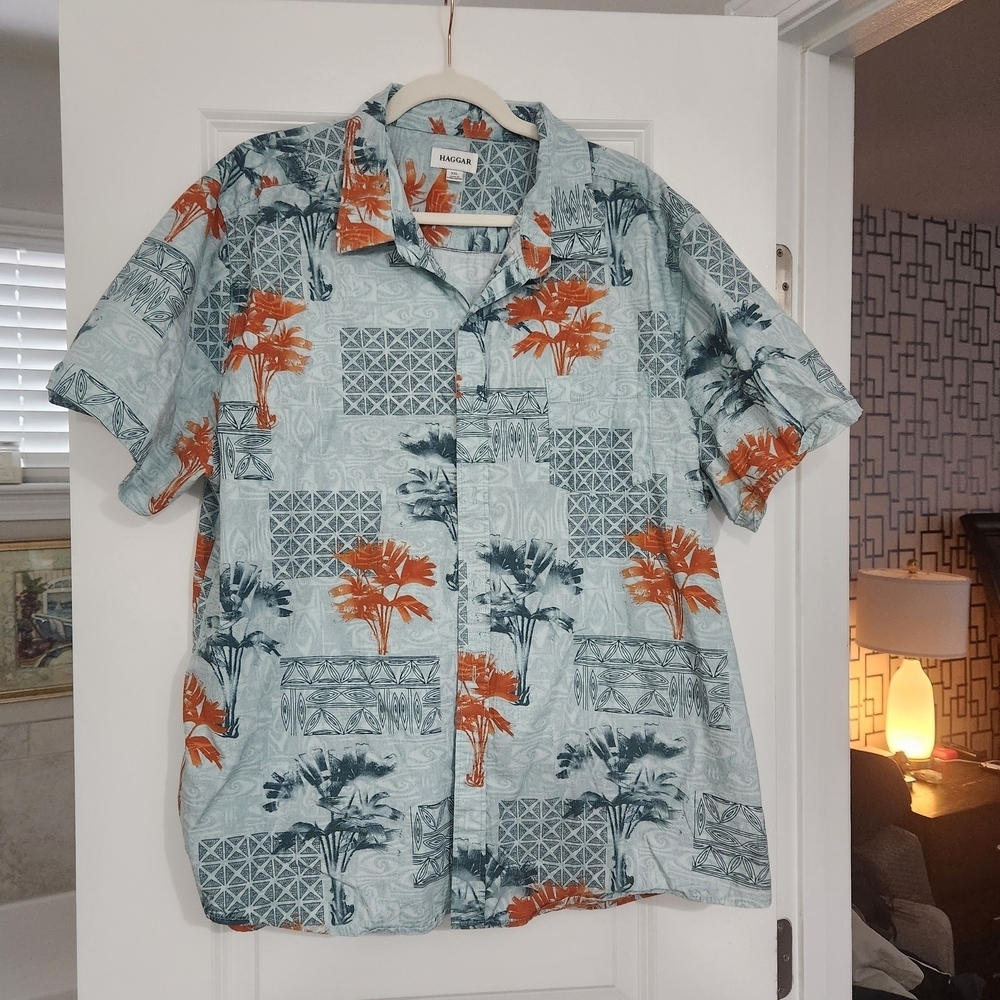 Haggar Men's Casual Shirt - Light Blue and Orange Floral